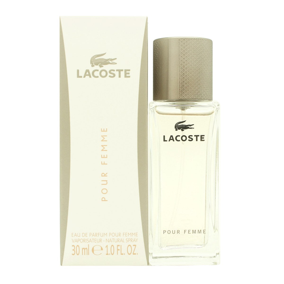 Lacoste Femme Eau de Parfum 30 ml, Lacoste – klar glasflakon med bløde kurver og sølvfarvet låg mod lys baggrund.