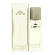 Lacoste Femme Eau de Parfum 30 ml, Lacoste – klar glasflakon med bløde kurver og sølvfarvet låg mod lys baggrund.