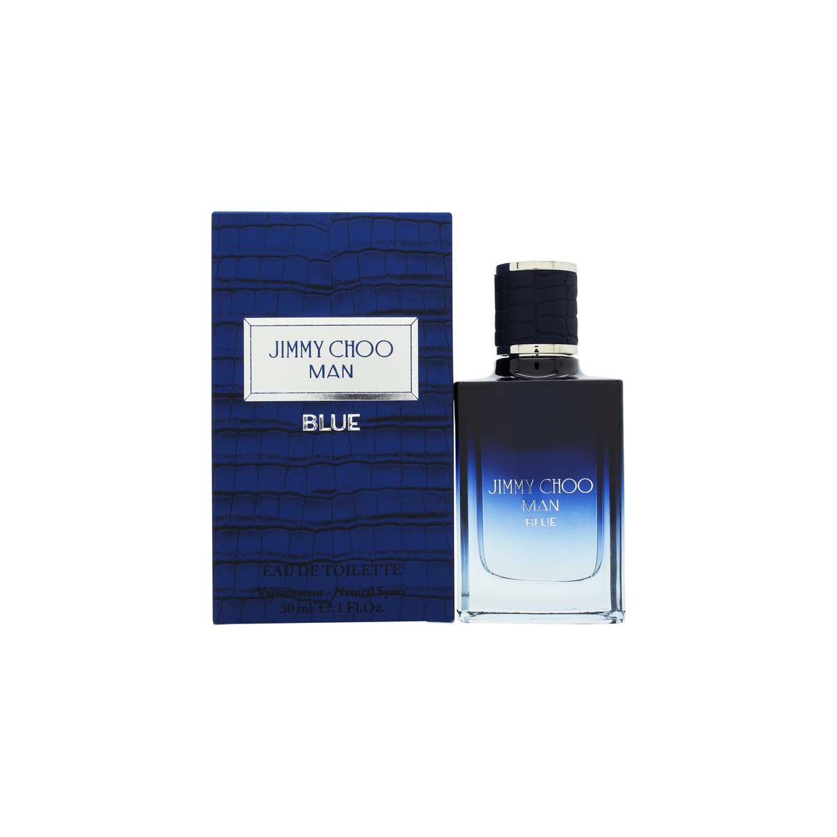 Jimmy Choo Man Blue Eau De Toilette, Jimmy Choo, 30 ml – dybblå glasflaske med indgraverede linjer og klar bund