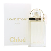 Love Story Eau De Parfum Chloé 75 ml, klar glasflakon formet som hængelås, lyserød duft, sølv låg med sløjfe, blødt