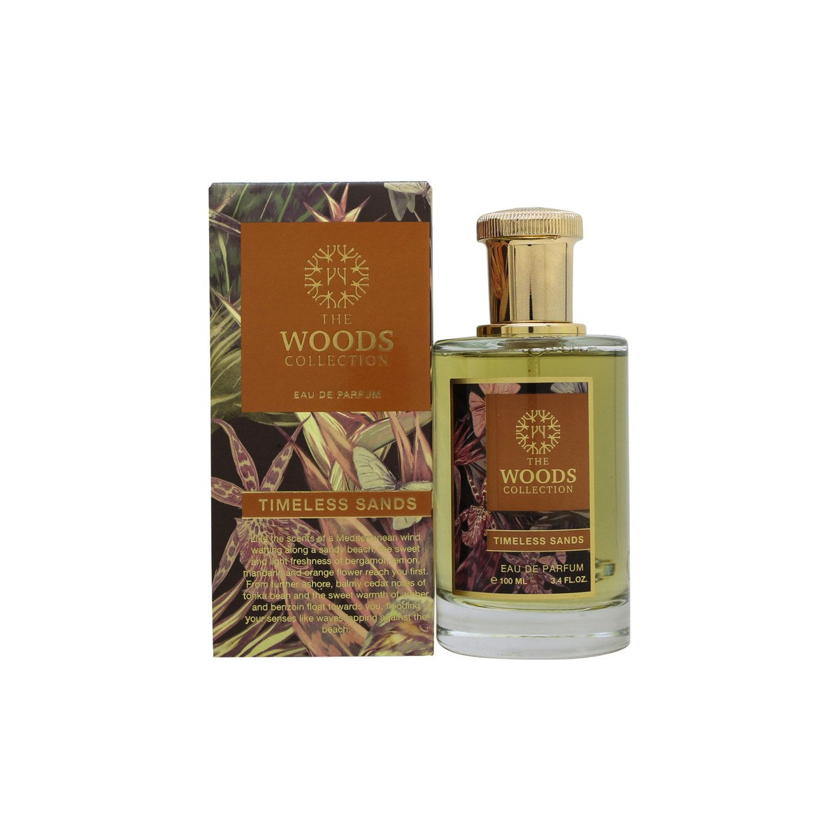 The Woods Collection Timeless Sands Eau de Parfum 100 ml i klar glasflaske med ravfarvet indhold, sort træhætte og enkel etiket