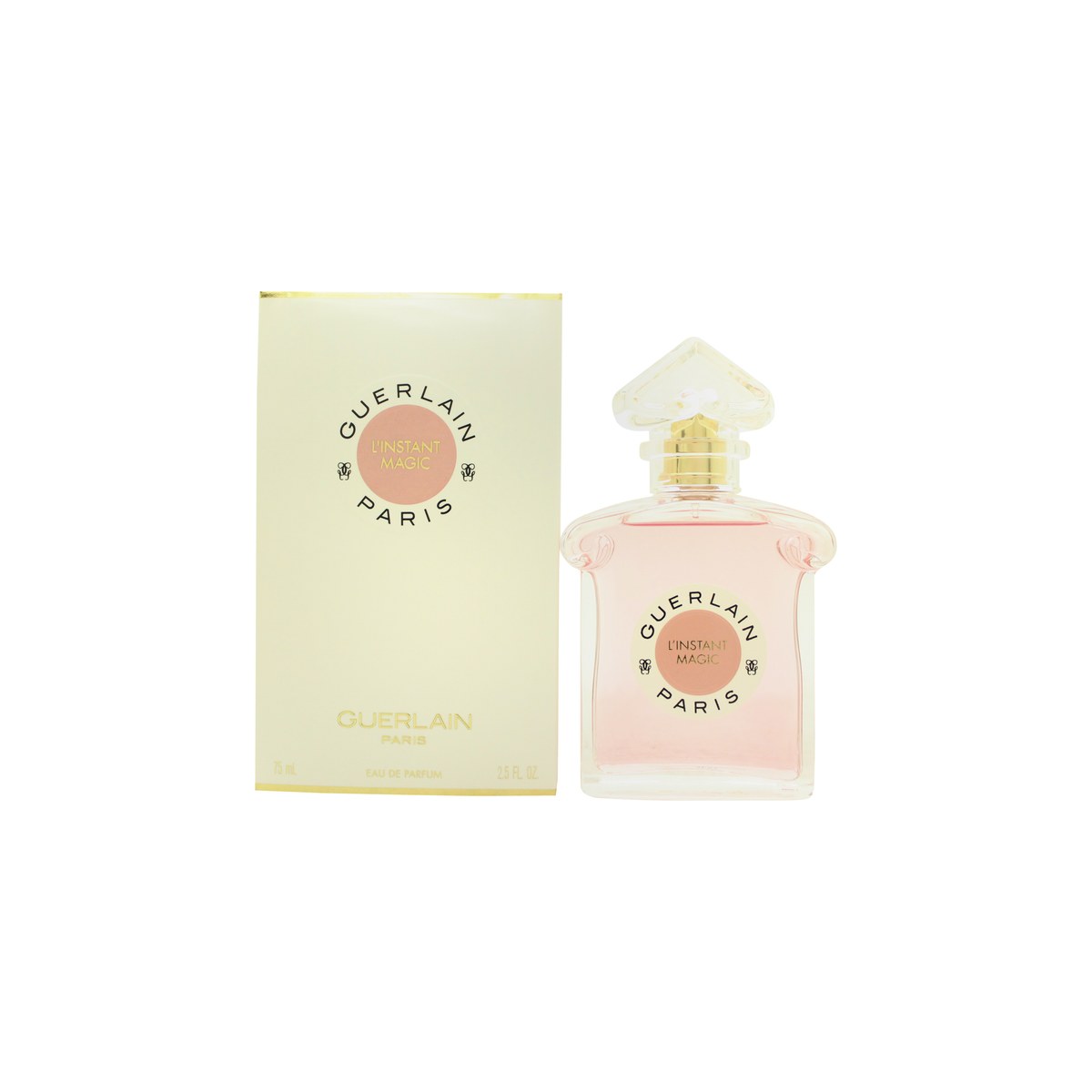 Guerlain L'instant Magic Eau de Parfum 75 ml – rund, klar glasflaske med blød rosa duft og sølvfarvet hjerteformet låg