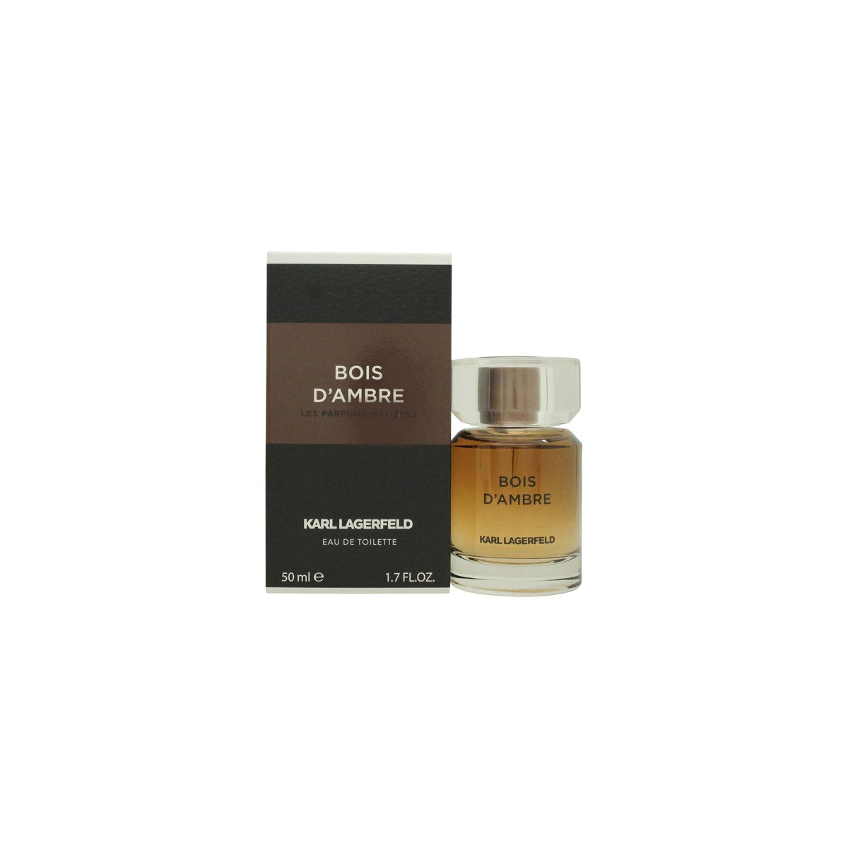 Karl Lagerfeld Bois d'Ambre Eau de Toilette 50 ml, ravfarvet firkantet glasflaske med sort låg og minimalistisk label.