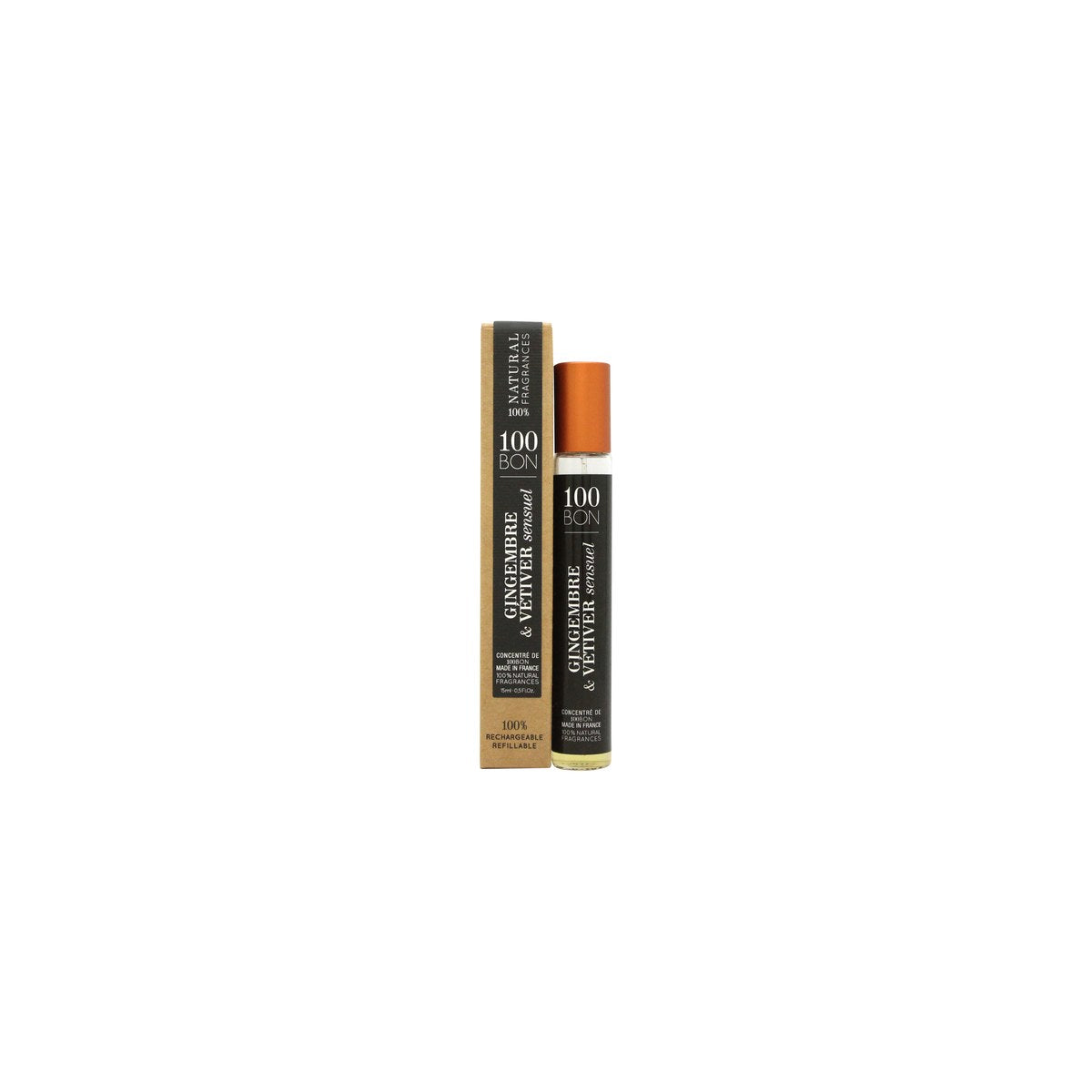 100BON Gingembre & Vétiver Sensuel Eau de Parfum Concentrate 15 ml fra 100BON klar glasflaske med gylden duft og sort spraytop