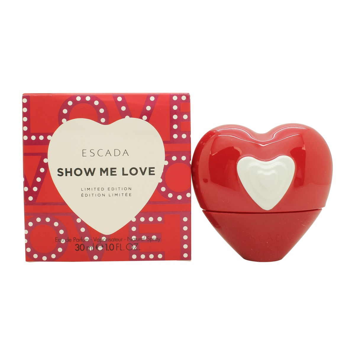 Escada Show Me Love Eau de Parfum 30 ml fra Escada i rød hjerteformet glasflakon med gyldent låg og klar bund