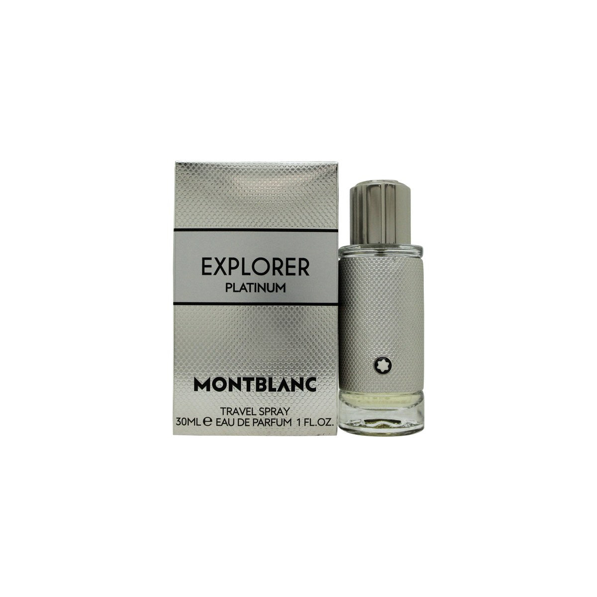 Mont Blanc Explorer Platinum Eau de Parfum 30 ml – sølvgrå flakon med riflet metalhylster og sort låg i minimalistisk design