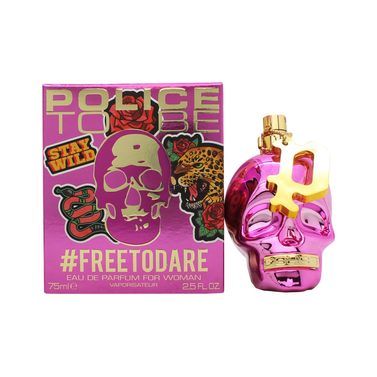 Police To Be #Freetodare Woman Eau de Parfum, Police 75 ml – sort kranieformet flakon med guldlogo og blank finish