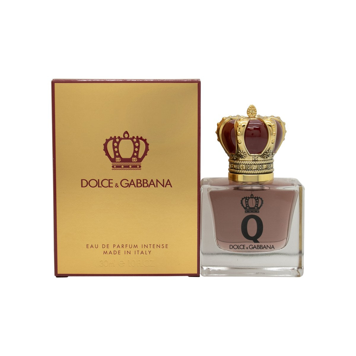 Dolce & Gabbana Q Eau de Parfum Intense 30 ml flakon i rubinrødt glas med guldkork og kongekrone-design.