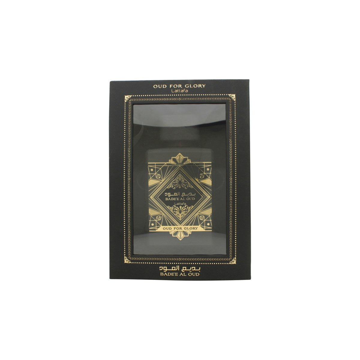 Lattafa Bade'e Al Oud Oud for Glory Eau de Parfum 100 ml – Lattafa, sort firkantet flakon med gyldne detaljer og låg