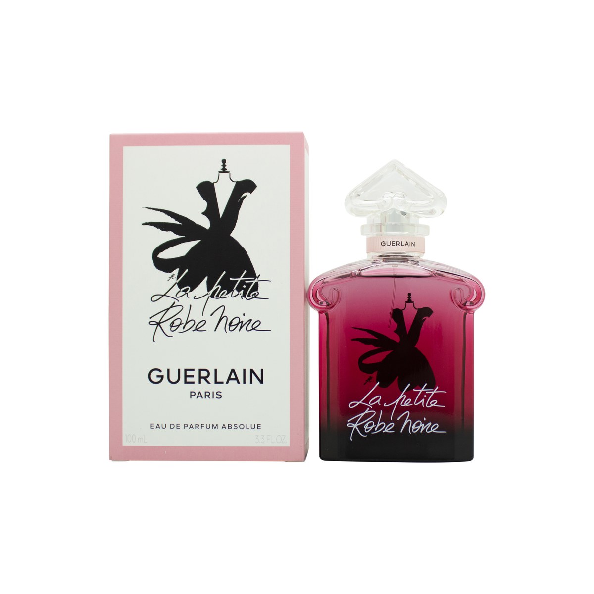 Guerlain La Petite Robe Noire Eau de Parfum Absolue 100 ml flakon i rosa toner med sort kjolemotiv og ombre glasdesign