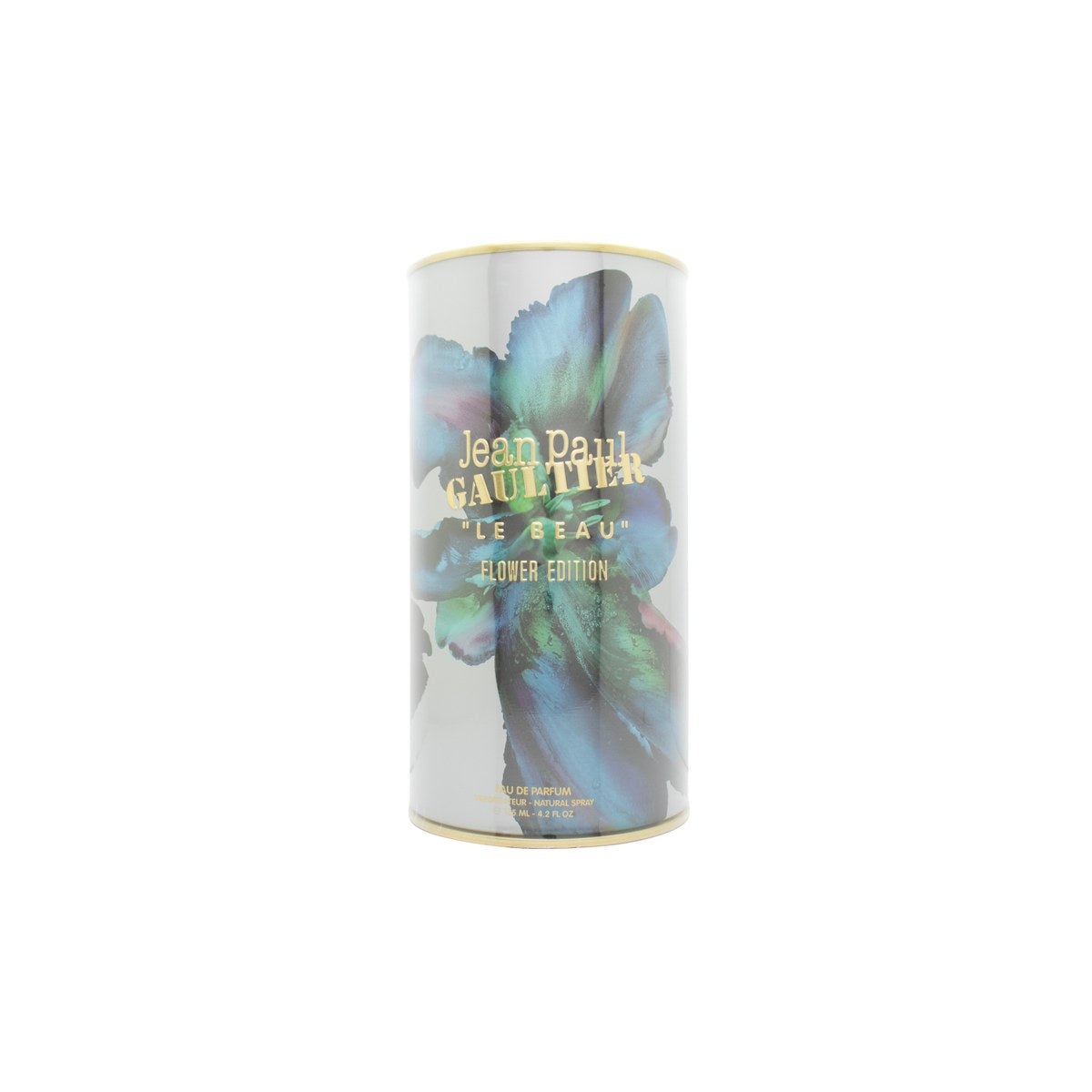 Jean Paul Gaultier Le Beau Flower Edition Eau de Parfum 125 ml – turkis torsoflakon med blomsterdetaljer og guldblade.