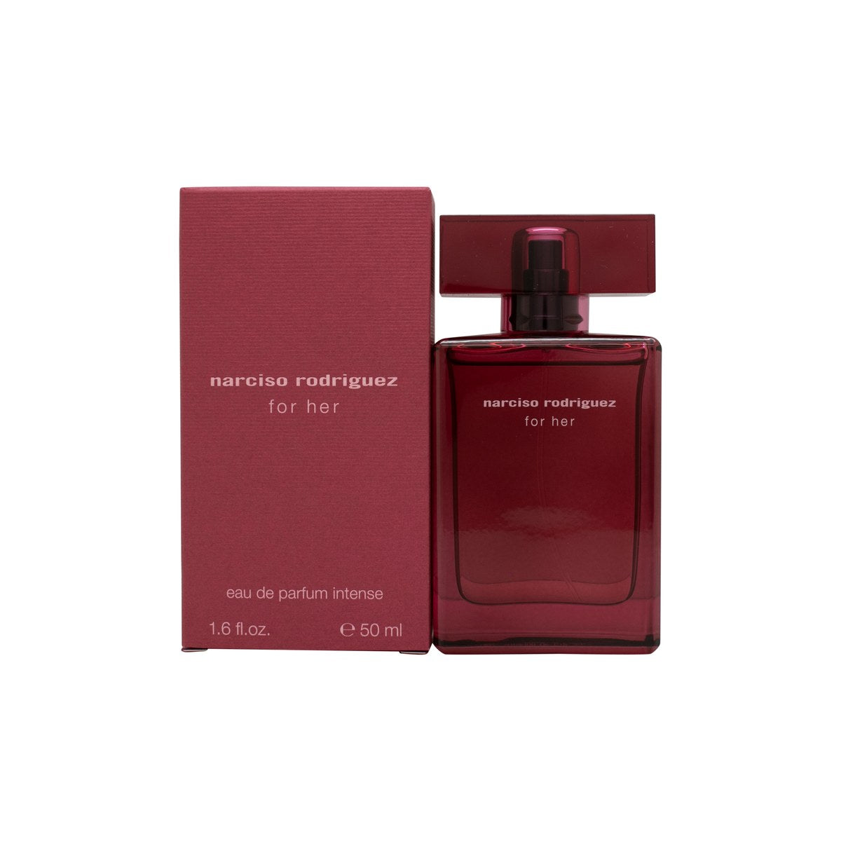 For Her Intense Eau De Parfum, Narciso Rodriguez 50 ml – rektangulær flakon i dyb pink glas med sort låg, minimalistisk og intens