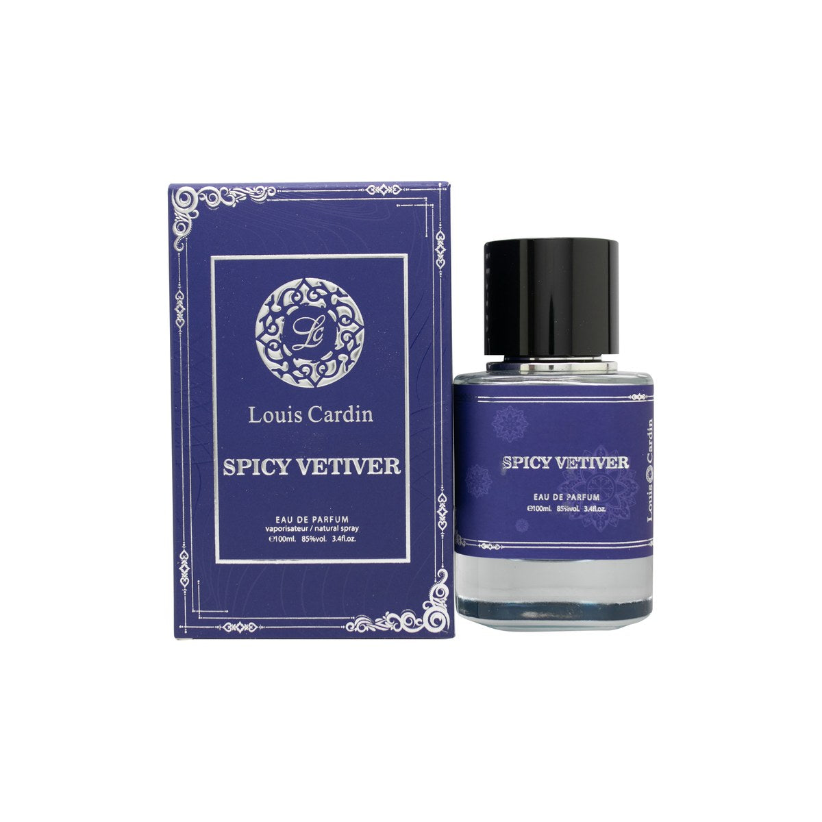 Louis Cardin Spicy Vetiver Eau de Parfum 100 ml – mørk ravfarvet glasflaske med sort kantet låg