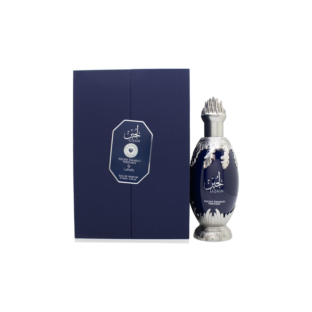 Lattafa Niche Emarati Lujain Eau de Parfum 100 ml fra Lattafa – cremefarvet flakon med gulddetaljer og dekorativt låg