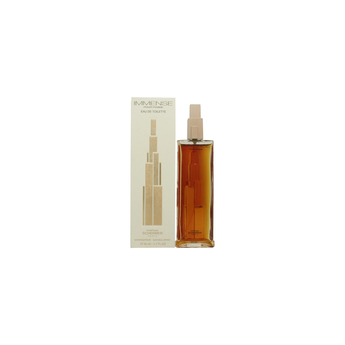 Jean-Louis Scherrer Immense Pour Femme Eau de Toilette 50 ml, klar glasflakon med gyldent låg og ravfarvet duft.