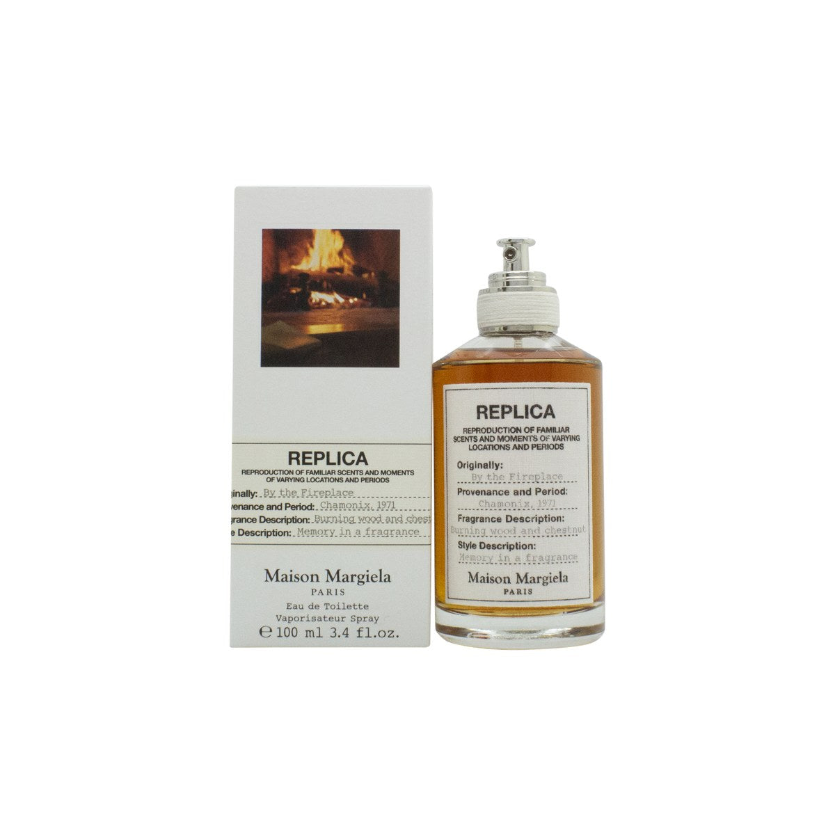 Maison Margiela By The Fireplace Eau de Toilette 100 ml, klar glasflakon med hvid tekstiletiket og sort låg