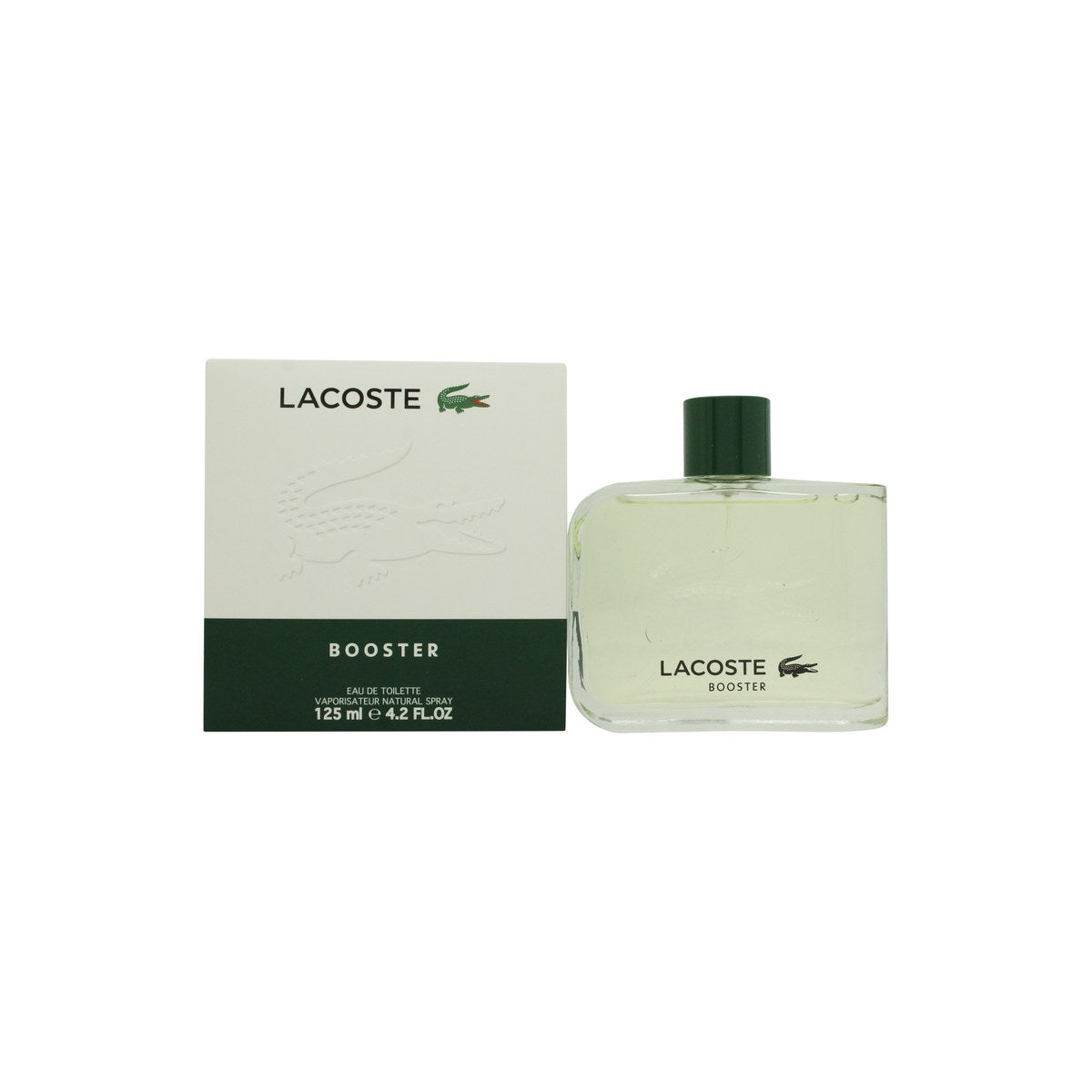 Lacoste Booster Eau De Toilette Lacoste 125 ml oval matteret glasflaske med transparent grøn tone og sølvfarvet spraylåg