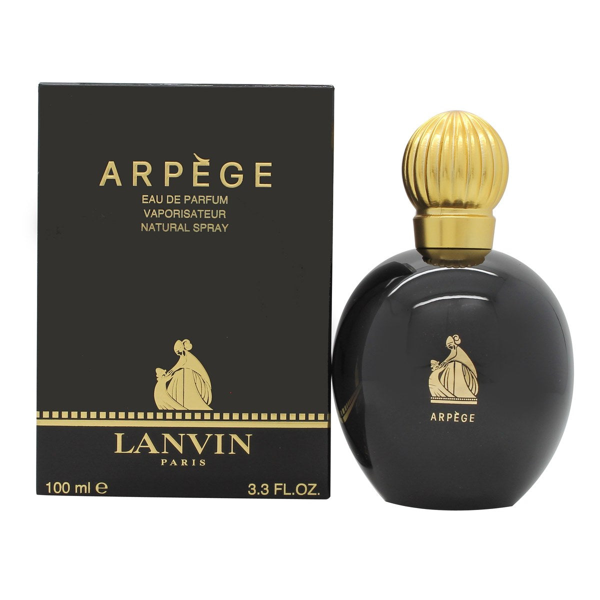 Lanvin Arpege Eau de Parfum 100 ml, Lanvin – rund klar glasflakon med sort kuglelåg og gyldent motiv