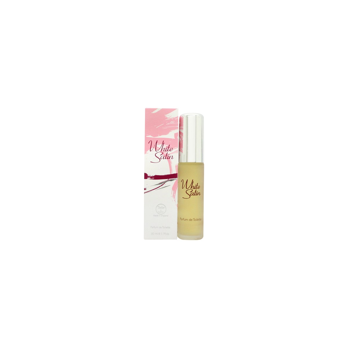 Taylor of London White Satin Parfum de Toilette 50 ml – klar glasflakon med hvid satinlabel og guldkantet låg.