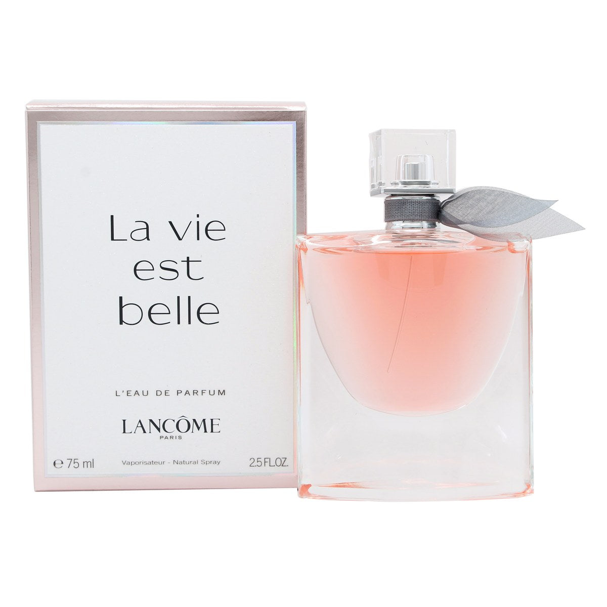 Lancome La Vie Est Belle Eau de Parfum 75 ml fra Lancôme – glasflakon med buet firkantet form og sølvgrå sløjfe ved halsen