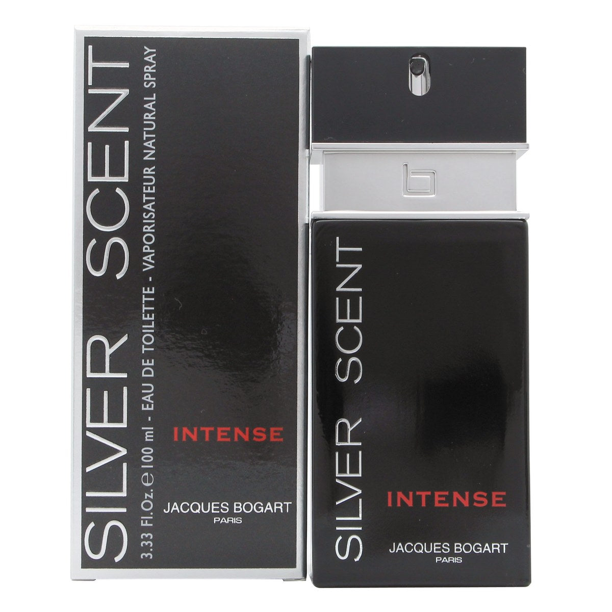 Jacques Bogart Silver Scent Intense Eau de Toilette 100 ml – sølvfarvet rektangulær flakon med sort låg og metallisk finish