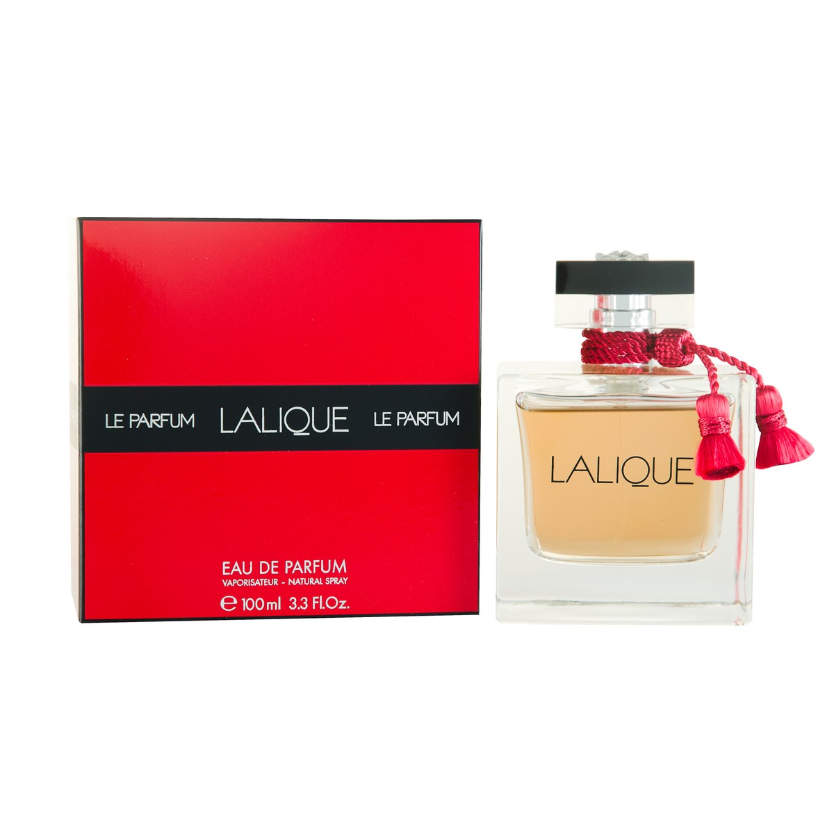 Lalique Le Parfum Eau de Parfum 100 ml fra Lalique i rektangulær glasflaske med gylden væske og sort kvast ved halsen