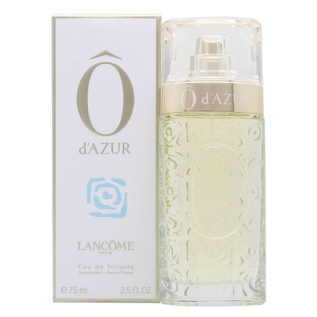 Lancôme O d'Azur Eau de Toilette 75 ml, Lancôme, i klar rektangulær glasflaske med lyseblå duft og sølvfarvet låg