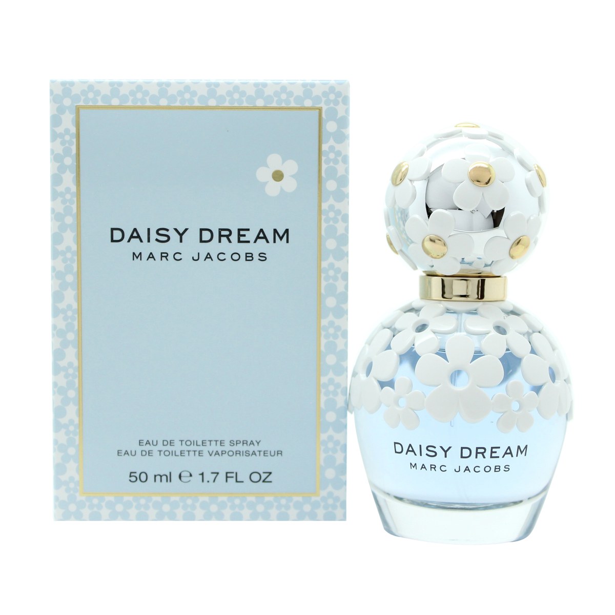 Daisy Dream Eau De Toilette Marc Jacobs 50 ml blå rund glasflaske med hvide margueritter og gyldne detaljer