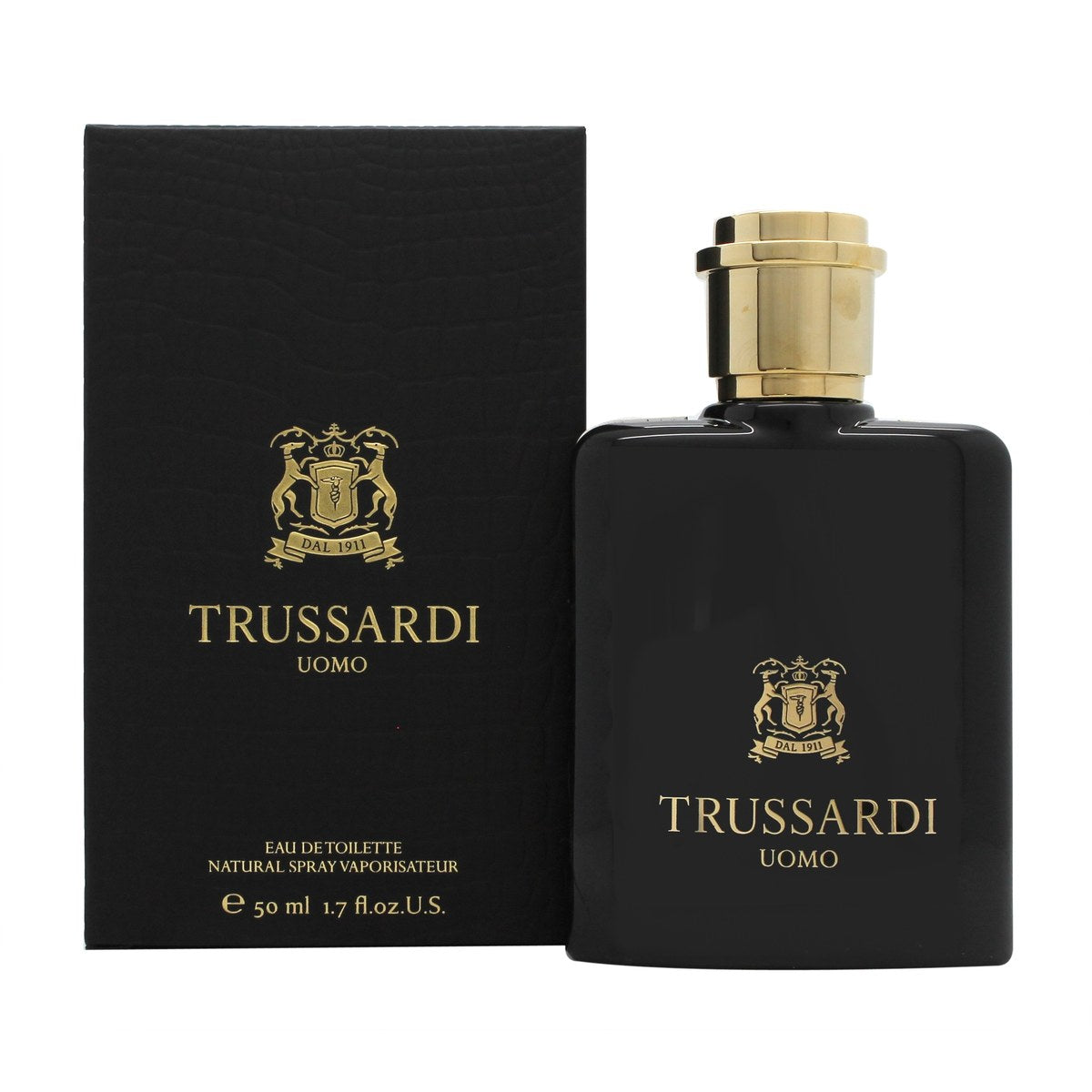 Trussardi Uomo 2011 Eau de Toilette 50ml – Trussardi 50 ml, rektangulær klar glasflakon med sort læderdetalje og sølvlogo.