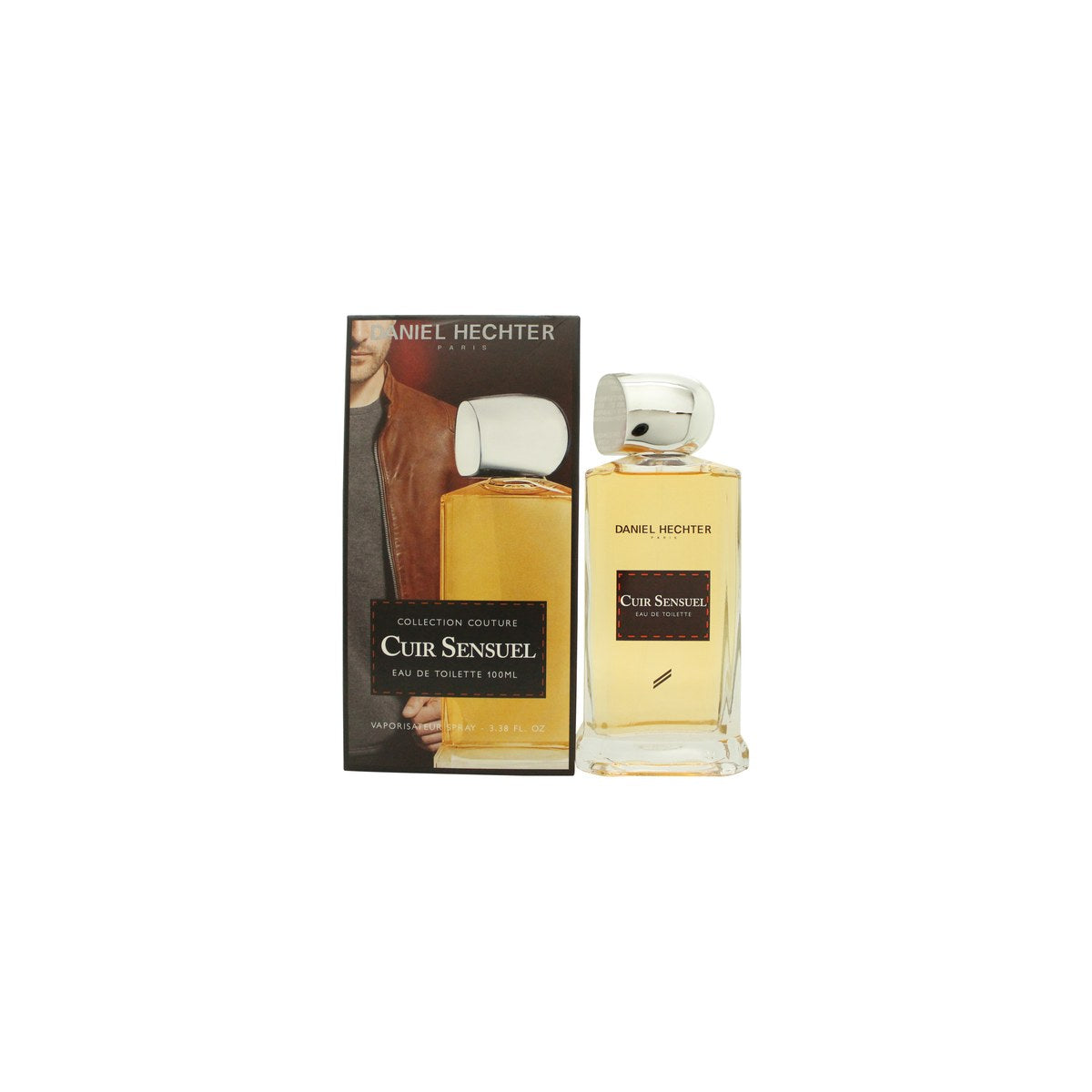 Daniel Hechter Cuir Sensuel Eau de Toilette 100 ml i ravfarvet glasflakon med sort låg og enkel, maskulin label