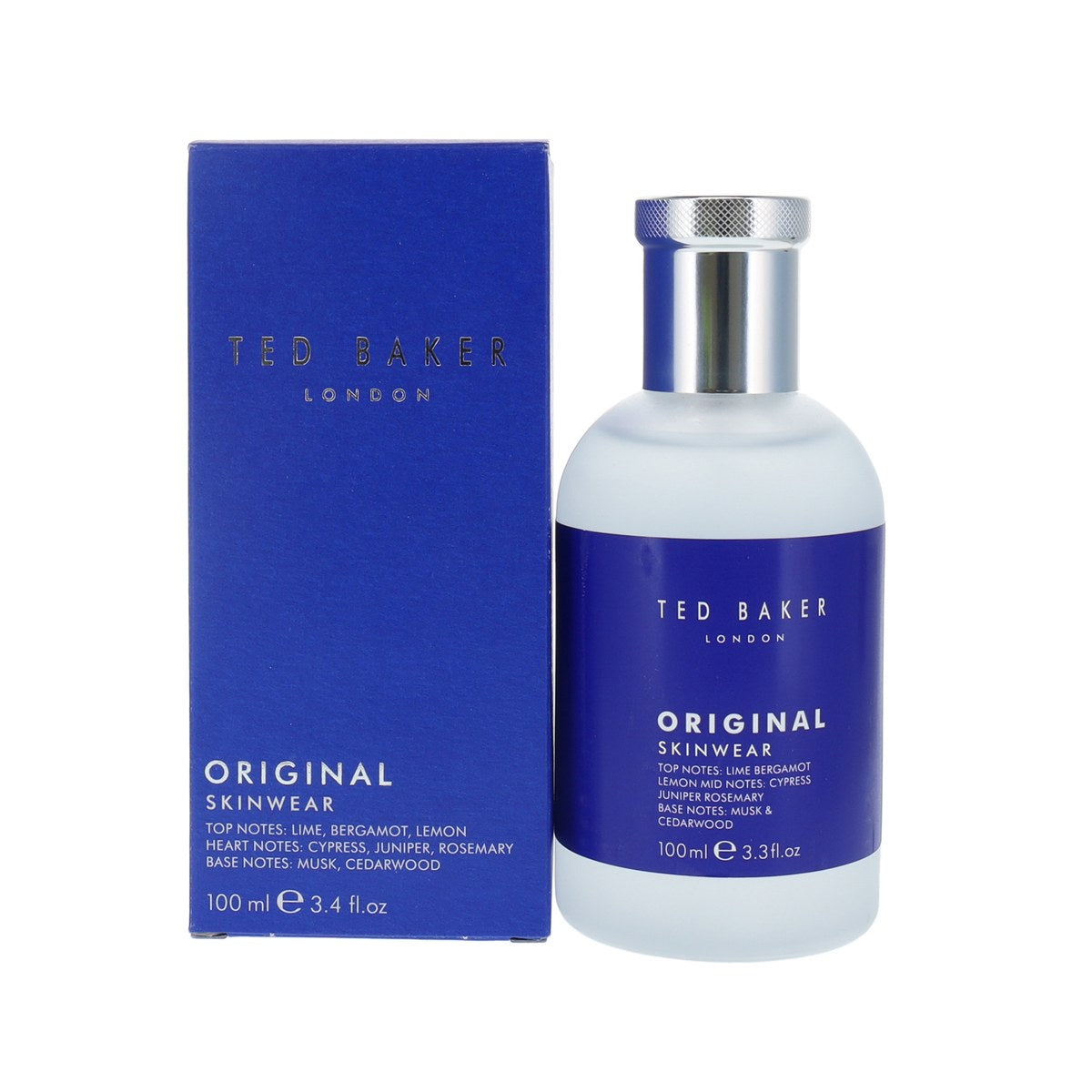 Ted Baker Original Skinwear Eau de Toilette 100 ml i klar rillet glasflaske med sølvfarvet hætte og brun læderdetalje