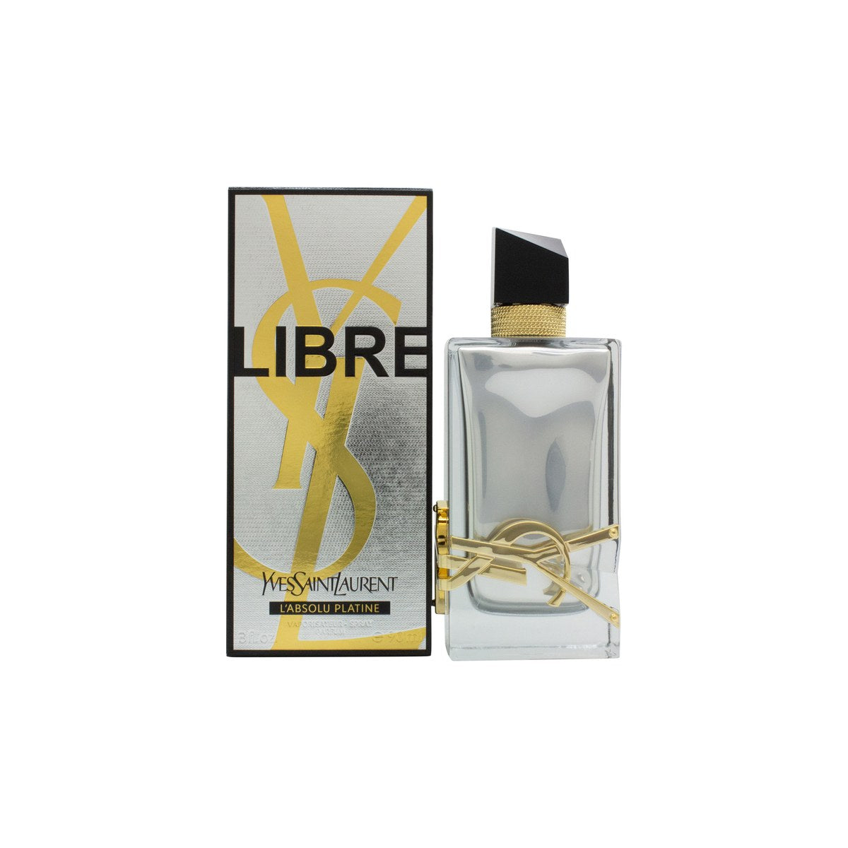 Yves Saint Laurent Libre L'Absolu Platine 90 ml – sølvfarvet, spejlblank flakon med sort hætte og gyldent YSL-logo