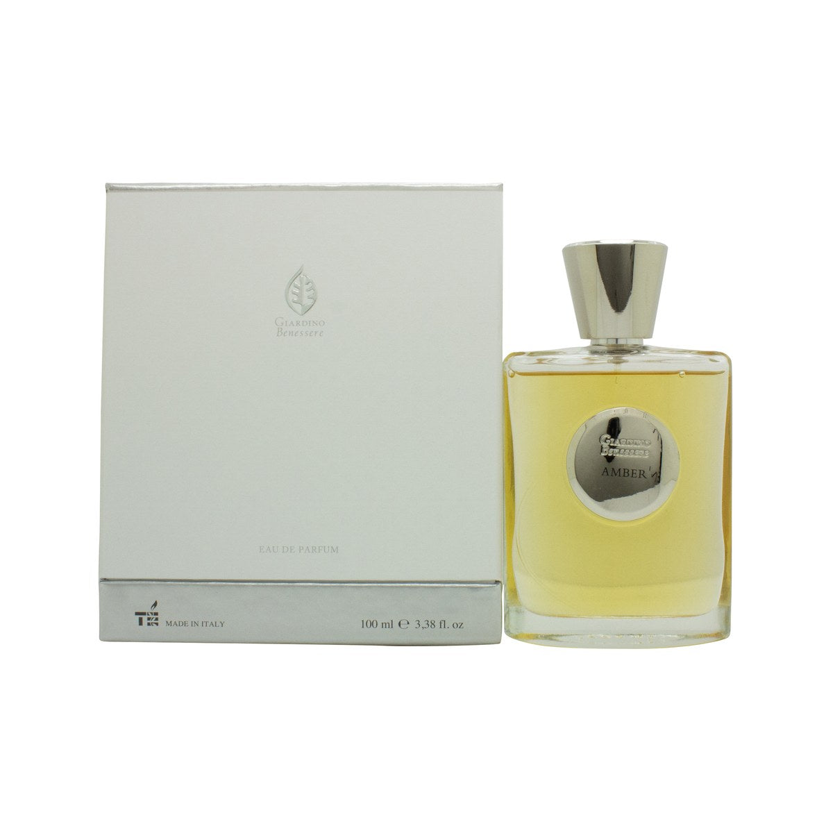 Giardino Benessere Amber Eau de Parfum 100 ml fra Giardino Benessere – ravfarvet glasflaske med gulddetaljer og afrundet låg