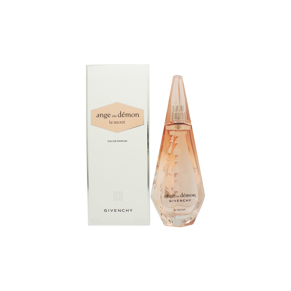 Givenchy Ange ou Demon Le Secret Eau de Parfum 100 ml – dråbeformet flakon i rosatonet glas med facetslebne sider og sølvlåg.