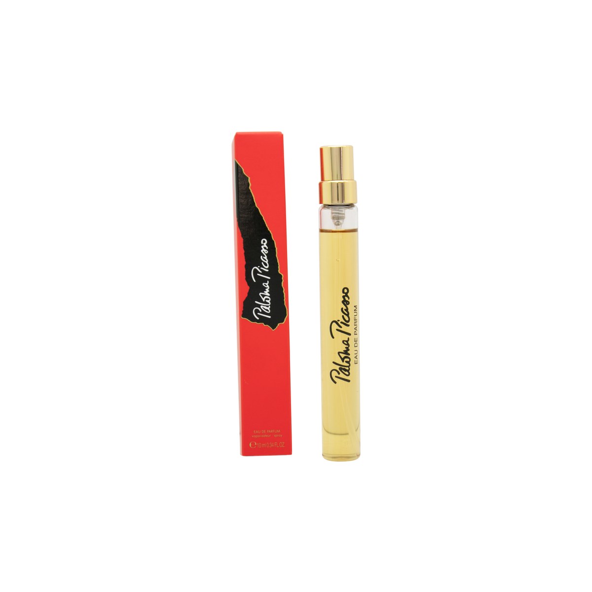 Paloma Picasso Eau de Parfum 10ml fra Paloma Picasso 10 ml, sort firkantet flakon med guldkork og kvastdetalje.