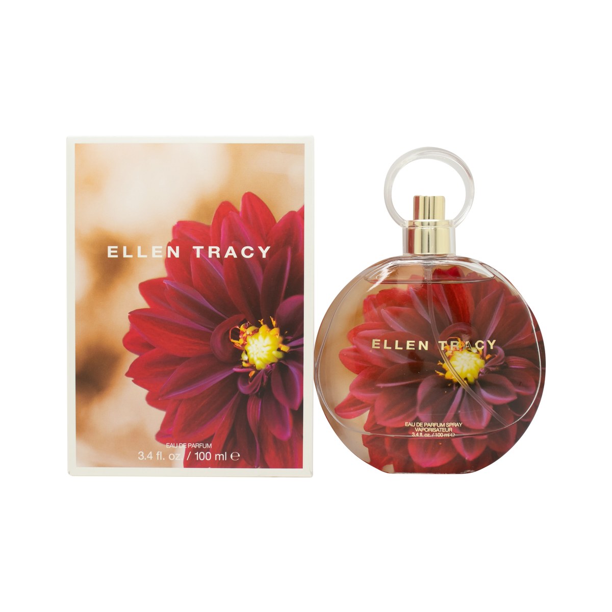 Ellen Tracy Dream Florals Red Dahlia Eau De Parfum, Ellen Tracy, 100 ml – glasflakon med rødt dahlia-motiv og guldfarvet låg