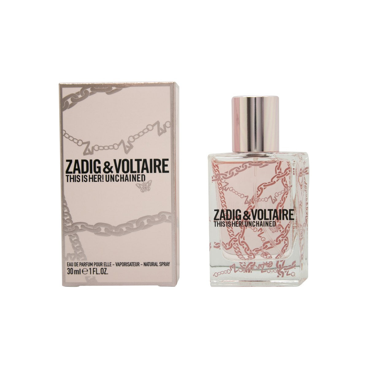 Zadig & Voltaire This Is Her! Unchained Eau de Parfum 30 ml, hvid mat flakon med sort spraytop og rå, brudt grafisk tekst