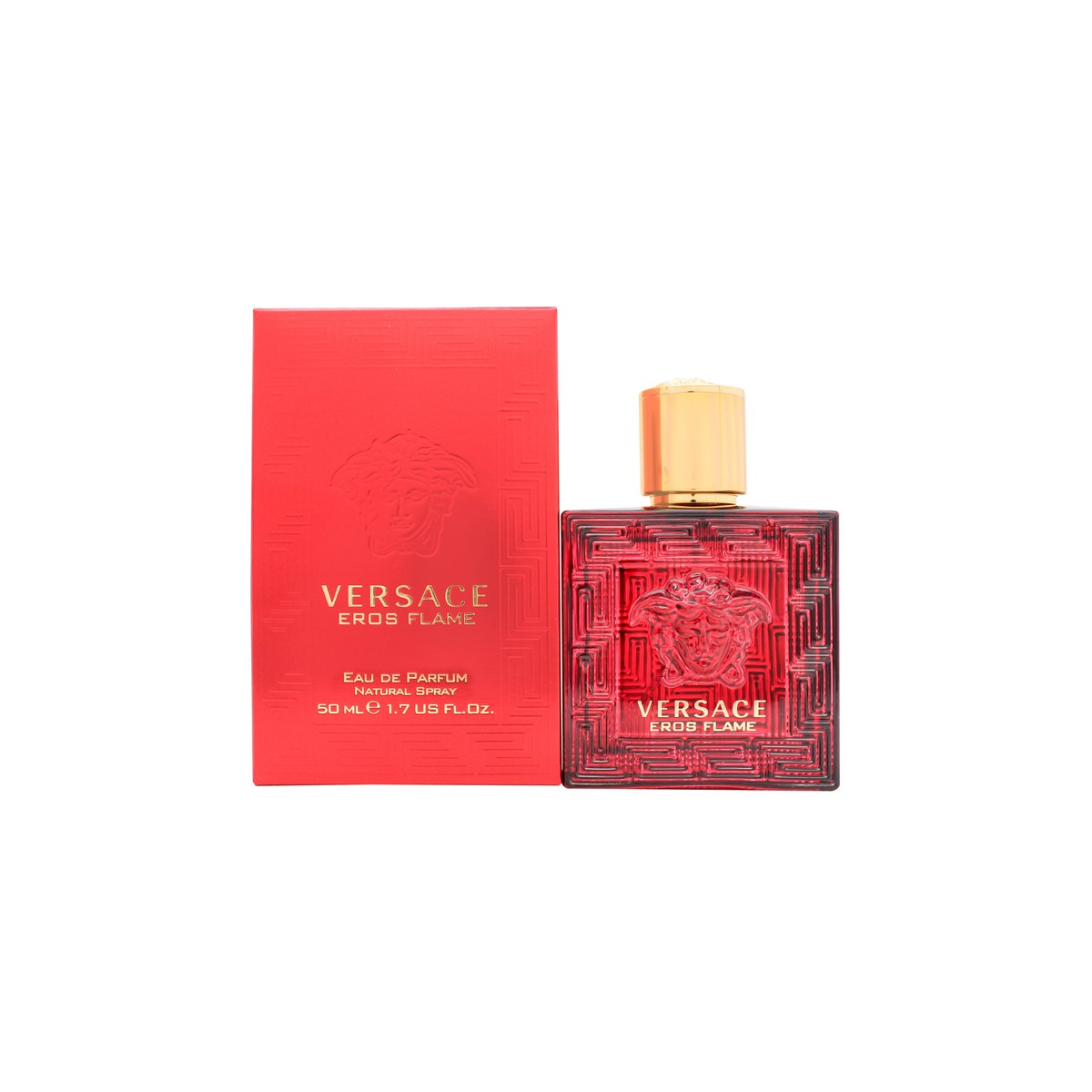 Versace Eros Flame Eau De Parfum Versace 50 ml rød firkantet glasflaske med gyldne detaljer og låg