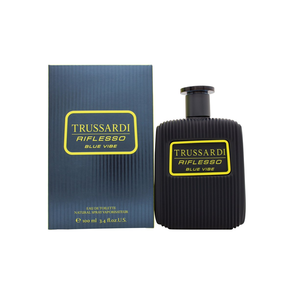 Trussardi Riflesso Blue Vibe Eau De Toilette 100 ml, blå glasflaske med sølvfarvet låg og urbane linjer.