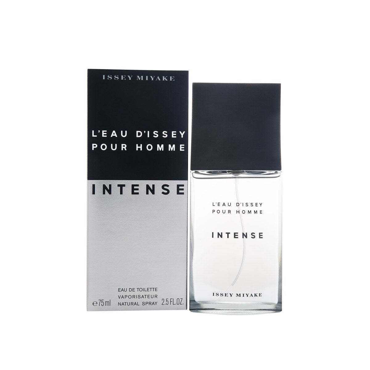 L'Eau D'Issey Pour Homme Intense Eau De Toilette Issey Miyake 75 ml, mørk grå minimalistisk rektangulær flaske med sort låg
