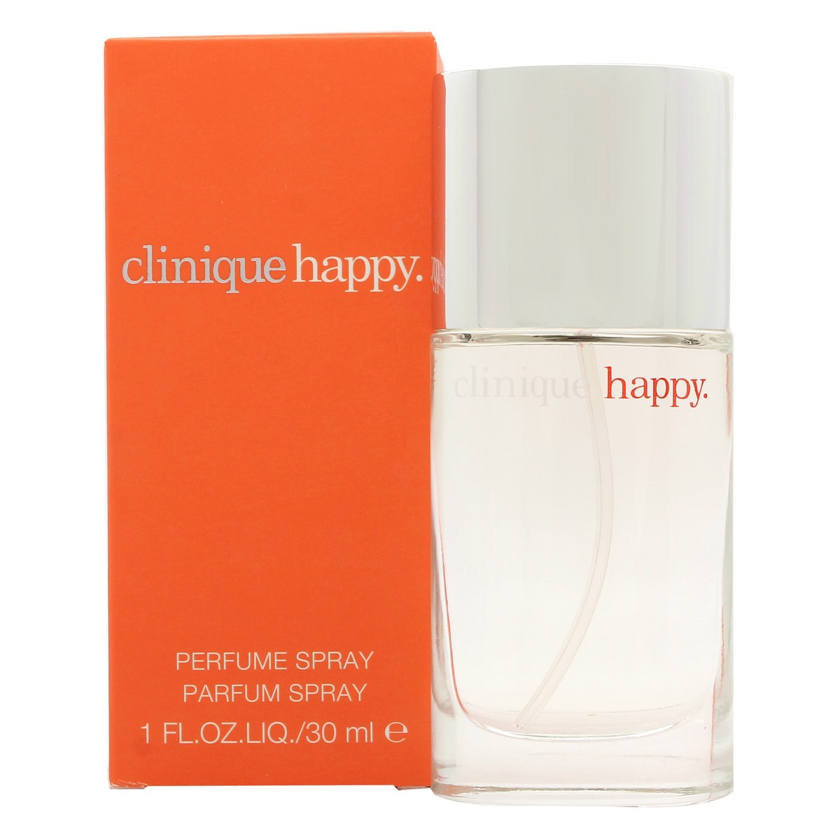 Clinique Happy Eau de Parfum 30 ml fra Clinique i klar, rund glasflakon med sølvfarvet spray og orange æske