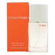 Clinique Happy Eau de Parfum 30 ml fra Clinique i klar, rund glasflakon med sølvfarvet spray og orange æske