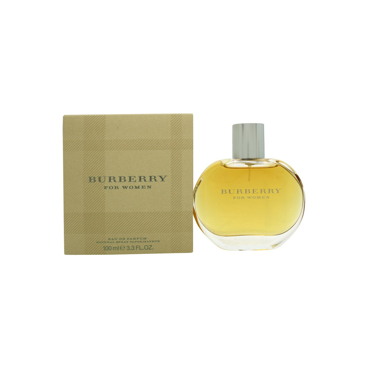 Burberry Eau de Parfum 100 ml – oval klar glasflaske med beige ternet stofsløjfe og rund sølvfarvet låg
