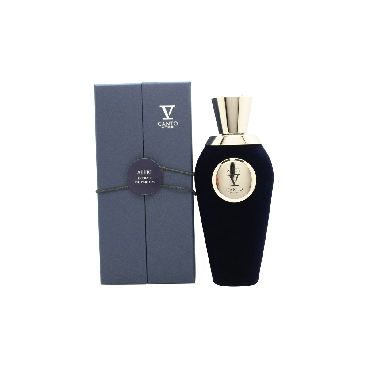 Tiziana Terenzi V Canto Alibi Extrait de Parfum 100 ml, klar glasflaske med gylden cylinderformet prop og guldlabel