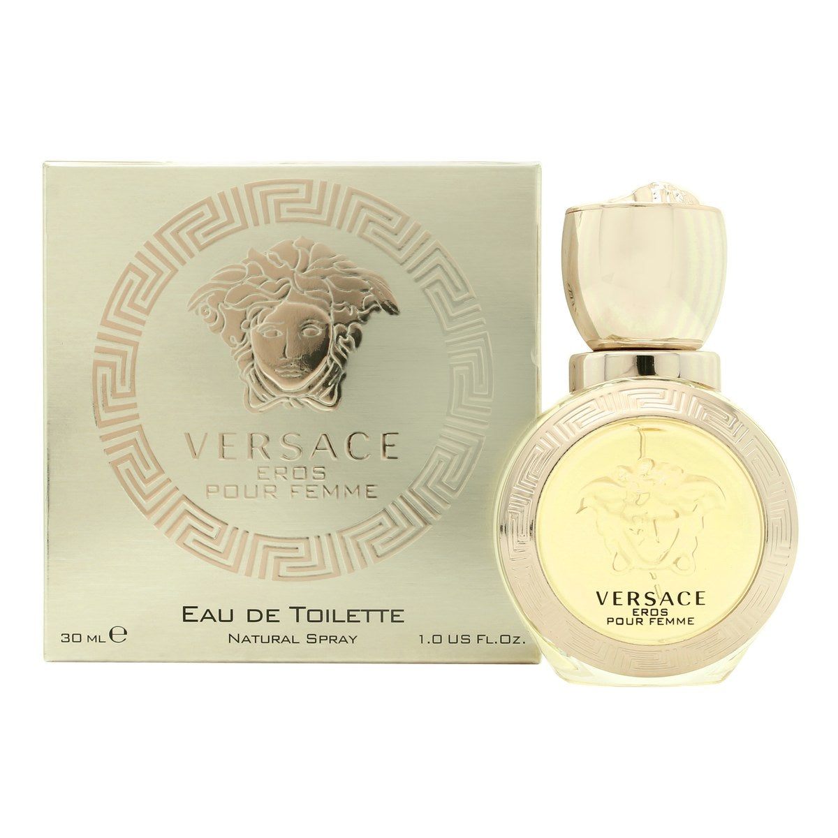 Versace Eros Pour Femme Eau De Toilette 50 ml – rund gylden parfumeflaske med Medusa-præg og klassisk Versace-design