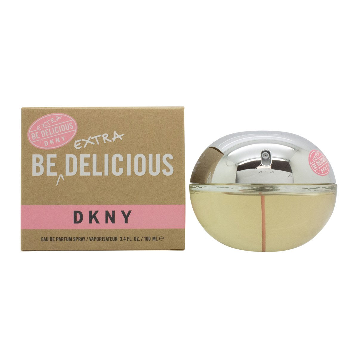DKNY Be Extra Delicious Eau de Parfum 100ml, DKNY, 100 ml – pink æbleformet glasflaske med sølvhals og klar kapsel