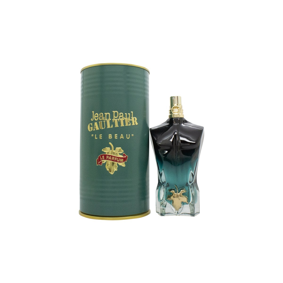Le Beau Eau De Parfum Jean Paul Gaultier 75 ml sortgrøn glasflaske formet som mandetorso med gyldent blad