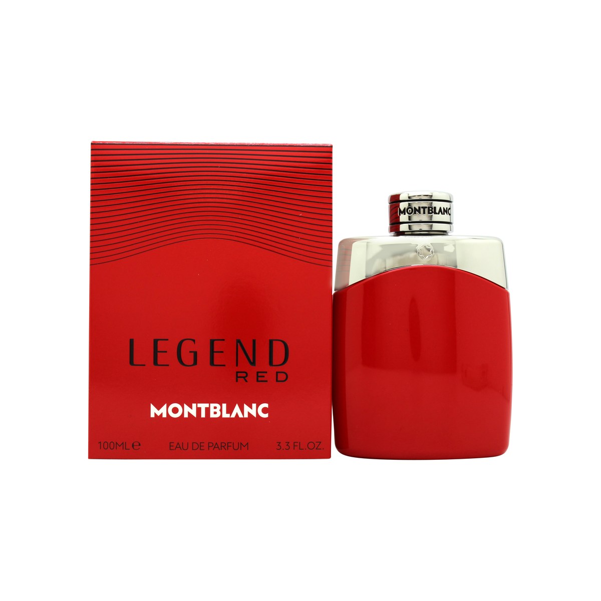 Mont Blanc Legend Red Eau de Parfum, Mont Blanc, 100 ml – rød cylinderformet glasflaske med sølvfarvet logo og sort låg