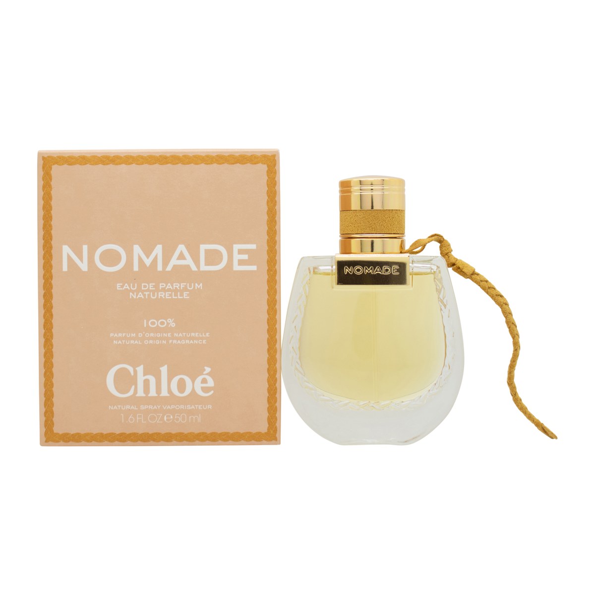 Chloé Nomade Jasmin Naturel Eau de Parfum 50 ml – klar riflet glasflakon med gylden beige duft og flettet bånd ved halsen