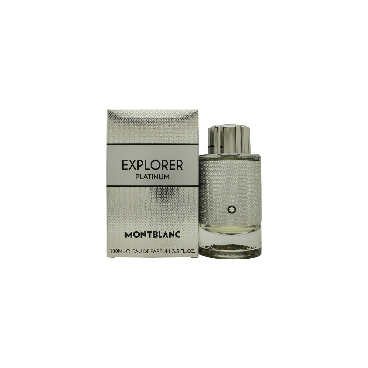 Mont Blanc Explorer Platinum Eau de Parfum 100 ml, Mont Blanc – sølvfarvet riflede flakon med sort låg og minimalistisk design